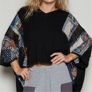 POL Black Cropped Poncho-Sleeve Sweater with Multicolor Paisley Panels
